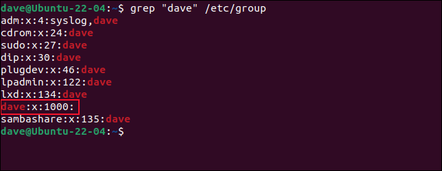 Daftar grup yang pengguna dave adalah anggotanya