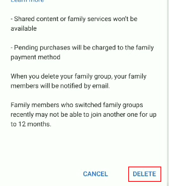 Scorri verso il basso e tocca ELIMINA | Che cos'è il piano famiglia in YouTube Premium? | abbandona il gruppo Famiglia di Google