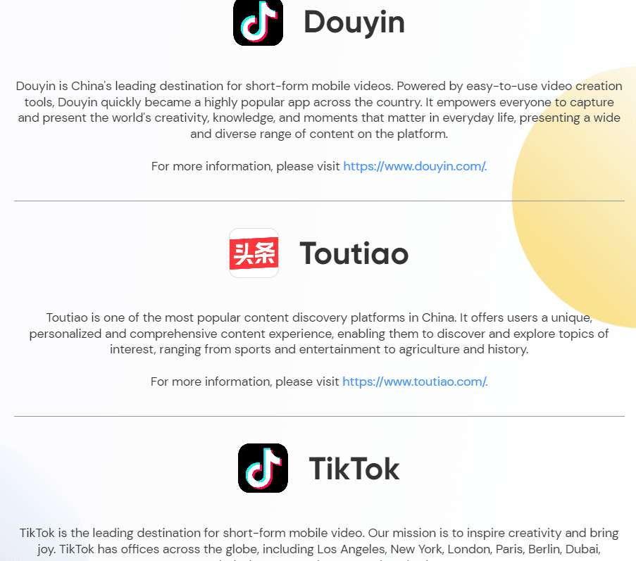 Página de produtos ByteDance | 2 contas TikTok no mesmo dispositivo