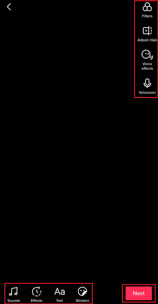 Tela de edição do TikTok - Opções de edição - Avançar