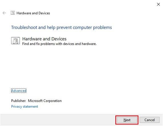 Kliknij przycisk Dalej, aby uruchomić narzędzie do rozwiązywania problemów ze sprzętem i urządzeniami. Napraw błąd Alps SetMouseMonitor w systemie Windows 10