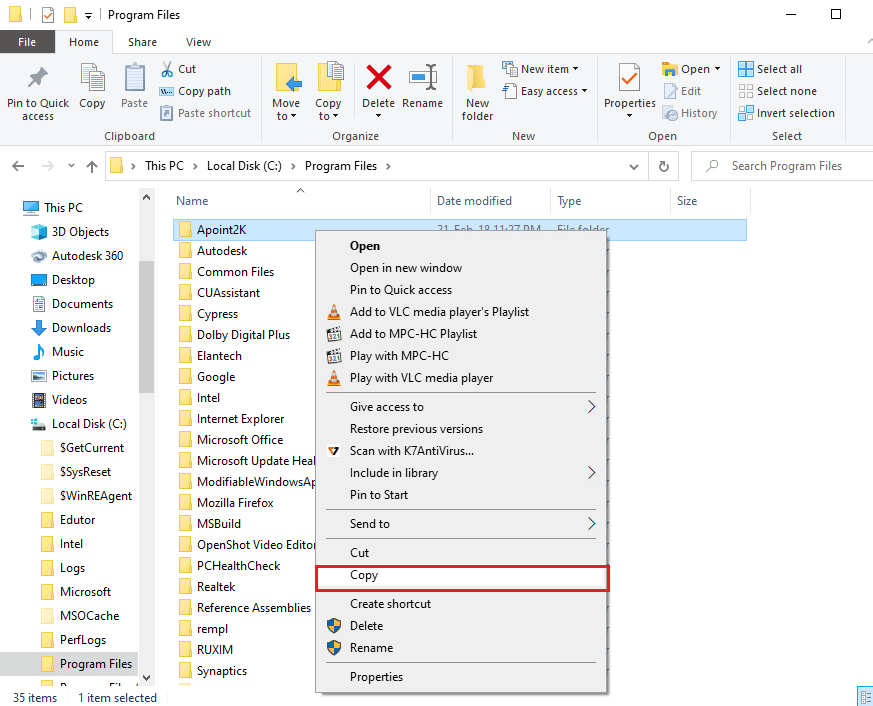 Kliknij prawym przyciskiem myszy folder Apoint2K i kliknij opcję Kopiuj