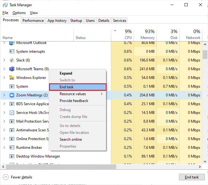حدد خيار إنهاء المهمة. إصلاح خطأ Zoom 1132 في نظام التشغيل Windows 10