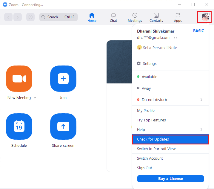 حدد خيار التحقق من وجود تحديثات. إصلاح خطأ Zoom 1132 في نظام التشغيل Windows 10