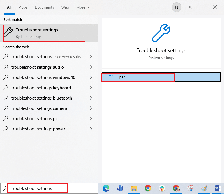 Navigieren Sie zum Suchmenü und geben Sie Fehlerbehebungseinstellungen in die Suchleiste ein. Beheben Sie den Microsoft-Fehler 0x80070032 in Windows 10