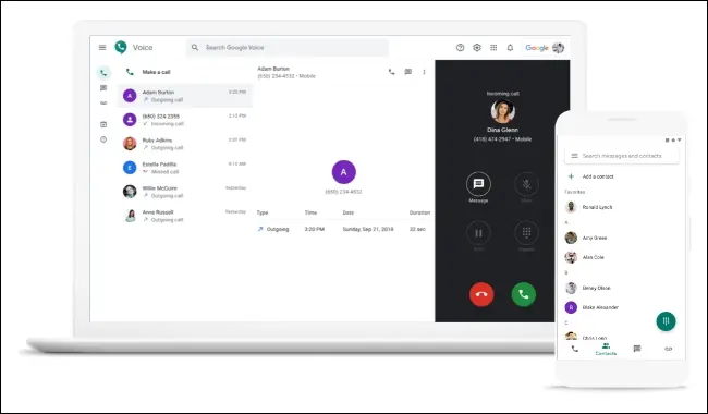 Bir dizüstü bilgisayarda ve akıllı telefonda Google Voice uygulaması.
