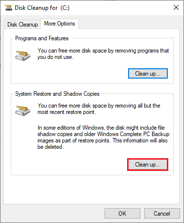 fare clic sul pulsante Pulisci... in Ripristino configurazione di sistema e Copie shadow. Correggi Forza Horizon 4 FH001 in Windows 10