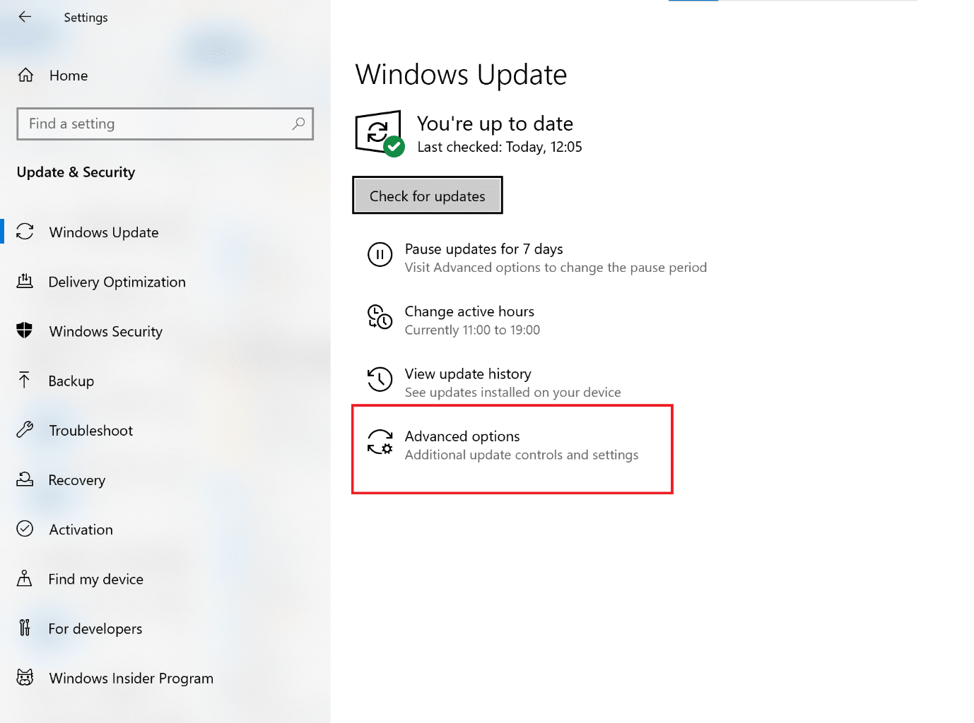 คลิกที่ตัวเลือกขั้นสูงภายใต้ Windows update