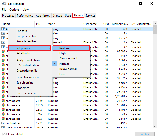 vai all'opzione Imposta priorità e quindi scegli Tempo reale. Correggi il codice di errore di Steam 51 in Windows 10