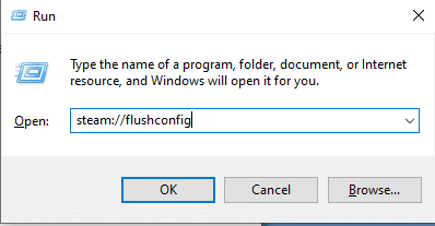 digita steam flushconfig e fai clic su OK. Correggi il codice di errore di Steam 51 in Windows 10