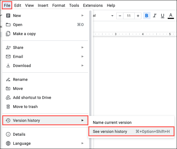 Voir Historique des versions dans le menu Fichier