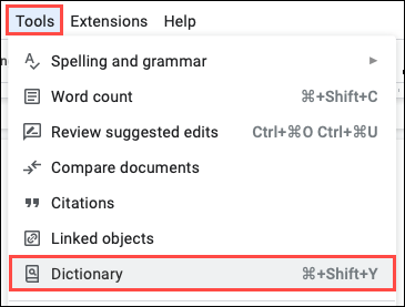 Dictionnaire dans le menu Outils