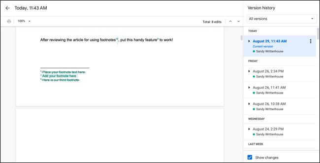 Historique des versions dans Google Docs