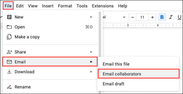 Envoyer un e-mail aux collaborateurs dans le menu Fichier