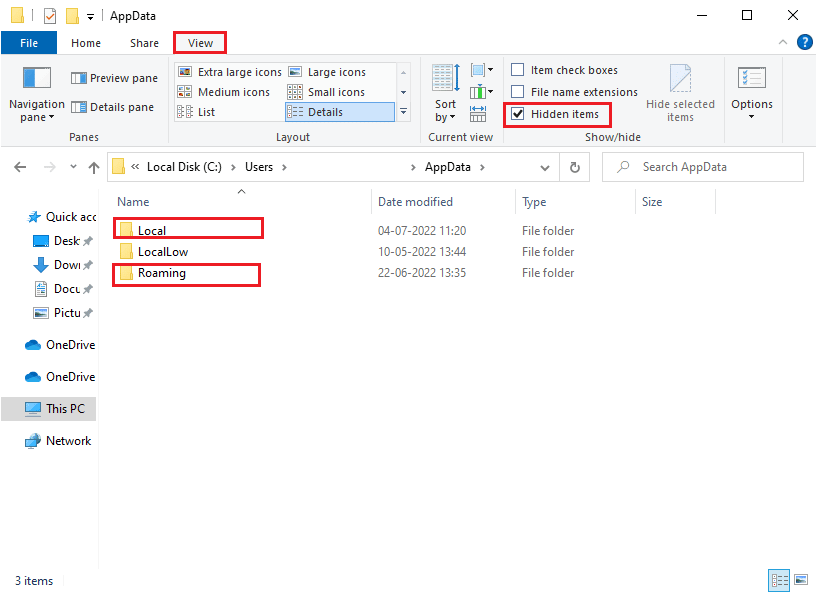 確保選中 View 選項卡中的 Hidden items 框以查看 AppData 文件夾。修復 Windows 10 中的 Teams 錯誤 caa7000a