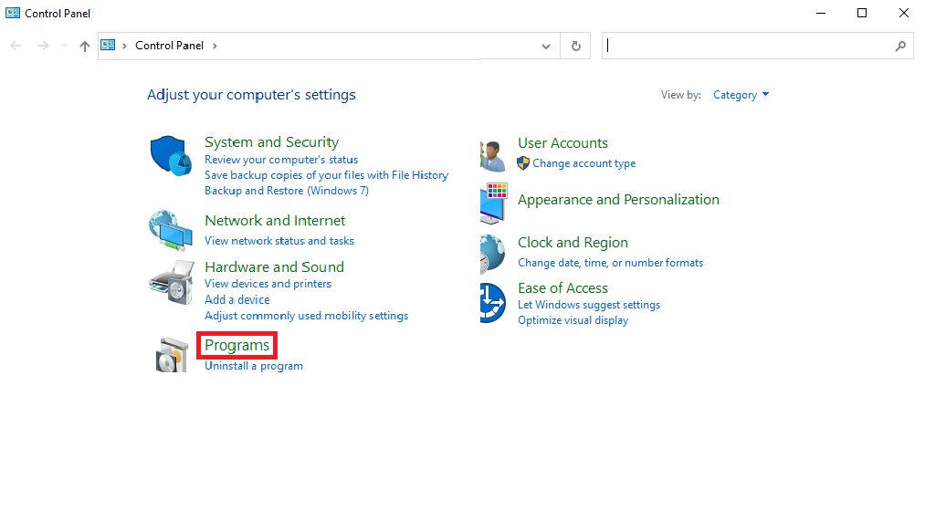 Dans les fenêtres du Panneau de configuration, recherchez Programmes. Correction de l'erreur MSDN Bugcheck Video TDR dans Windows 10
