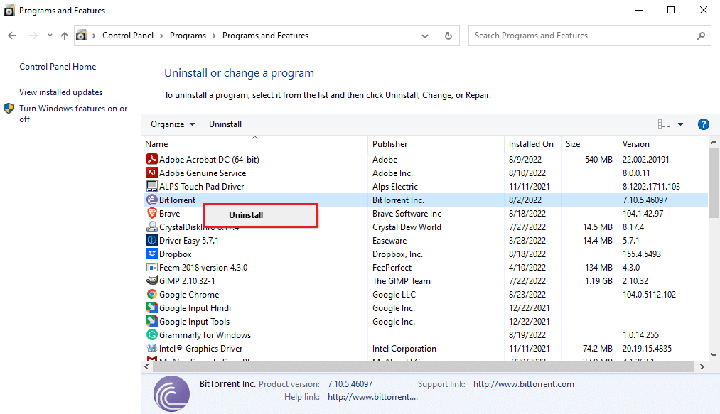 Localisez et faites un clic droit sur le programme problématique et cliquez sur Désinstaller. Correction de l'erreur MSDN Bugcheck Video TDR dans Windows 10