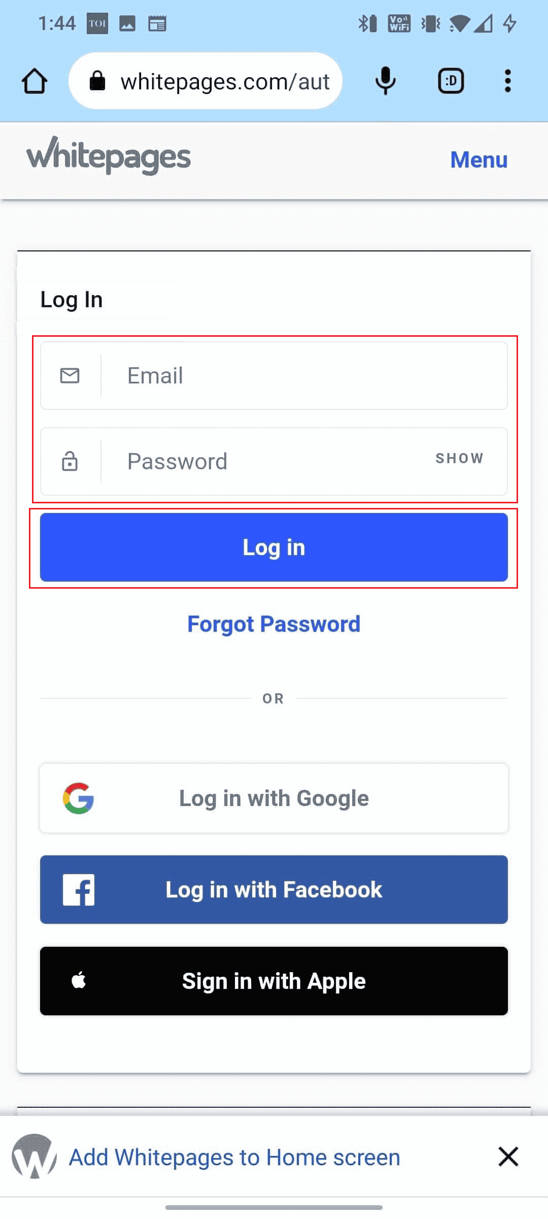 Navegue até o site Whitepages em seu navegador e faça login em sua conta com as credenciais corretas | parar o monitoramento de páginas brancas