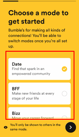 Agora siga as etapas instruídas e insira os detalhes necessários | O bumble mostra perfis inativos