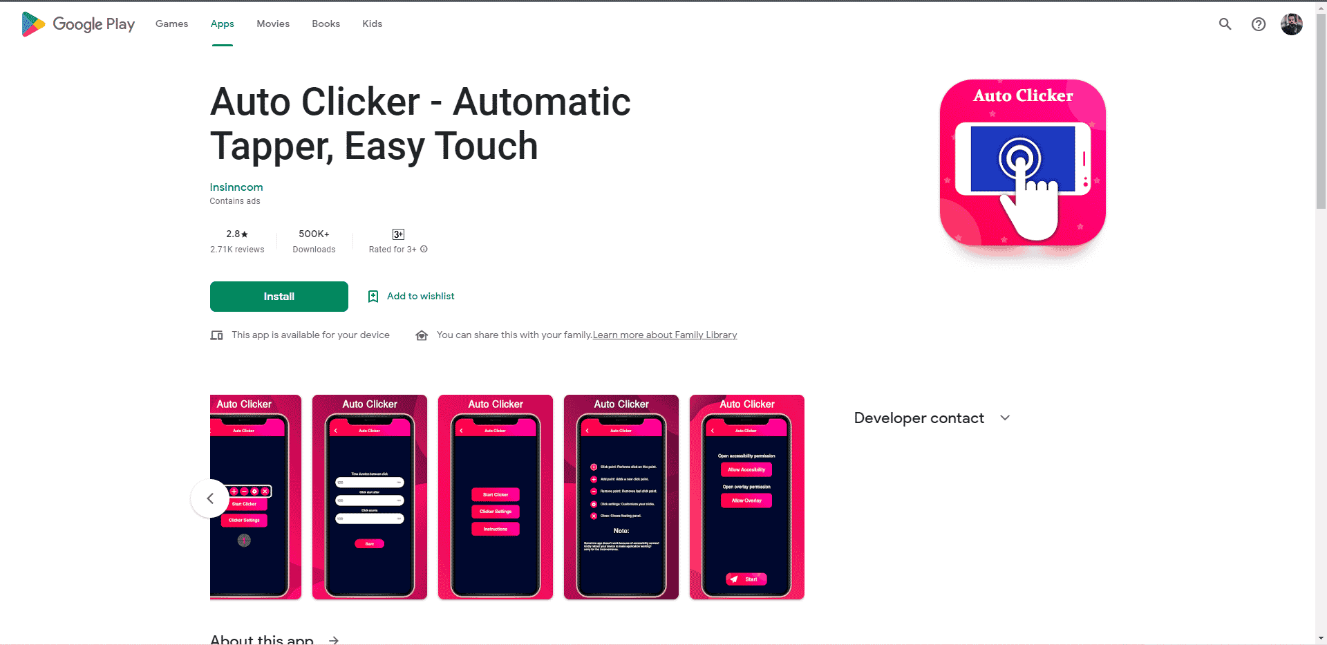 自動 Tapper Easy Touch Play 商店網頁。適用於 Android 遊戲的最佳自動點擊器應用程序