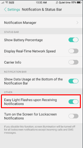 通知の受信時に簡単にライトが点滅するオプションを切り替えて、通知のために LED ライトをオンにします。