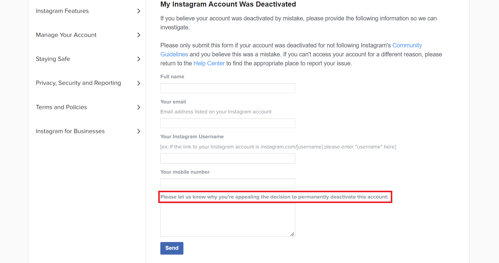 اكتب استئنافًا مهذبًا وصادقًا ، حث فيه Instagram على مراجعة إنهاء حسابك
