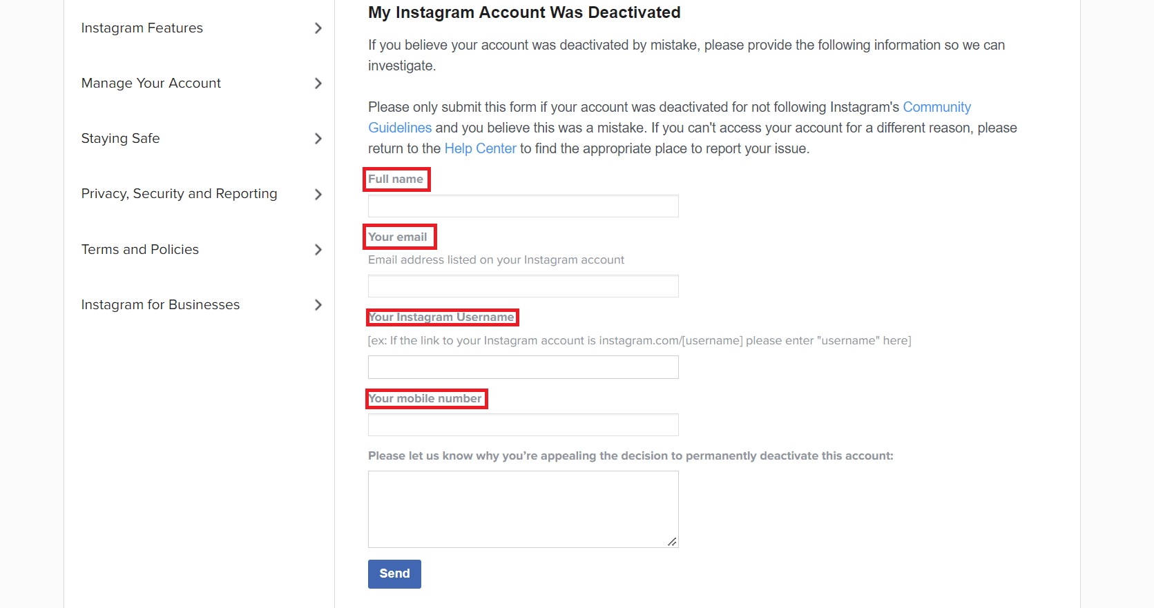 أدخل اسمك الكامل واسم مستخدم Instagram وعنوان البريد الإلكتروني ورقم الهاتف