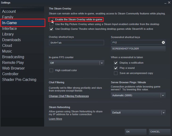 قم بإلغاء تحديد الخيار تمكين Steam Overlay أثناء اللعب