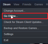 افتح قائمة Steam وانقر على Go Offline