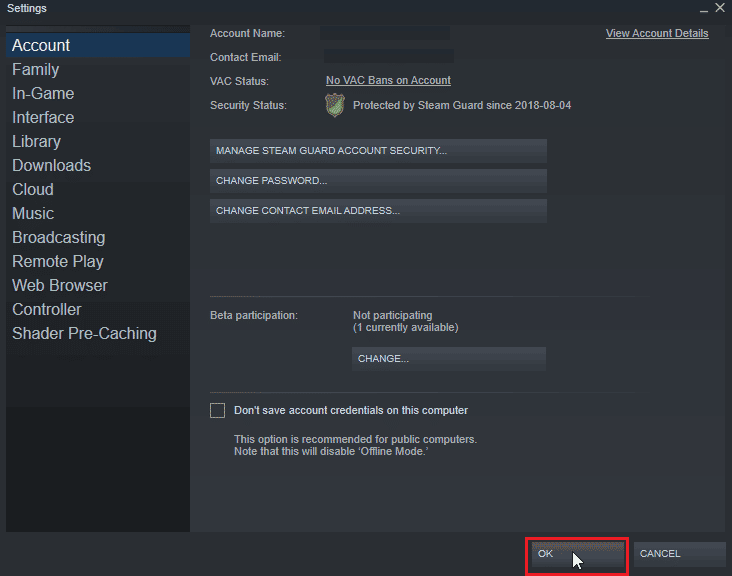 انقر فوق موافق لتأكيد التغييرات في إعداد حساب Steam