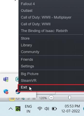 انقر بزر الماوس الأيمن على عميل Steam على شريط مهام Windows وانقر على Exit