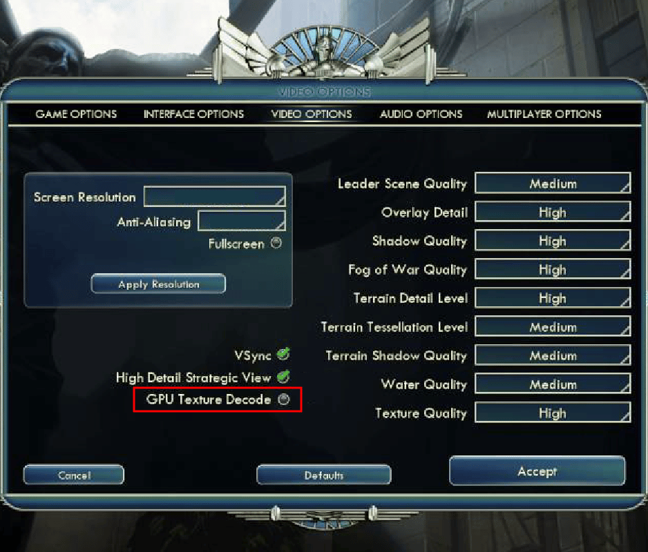 قم بإلغاء تحديد فك شفرة نسيج GPU في إعداد Civilization V.