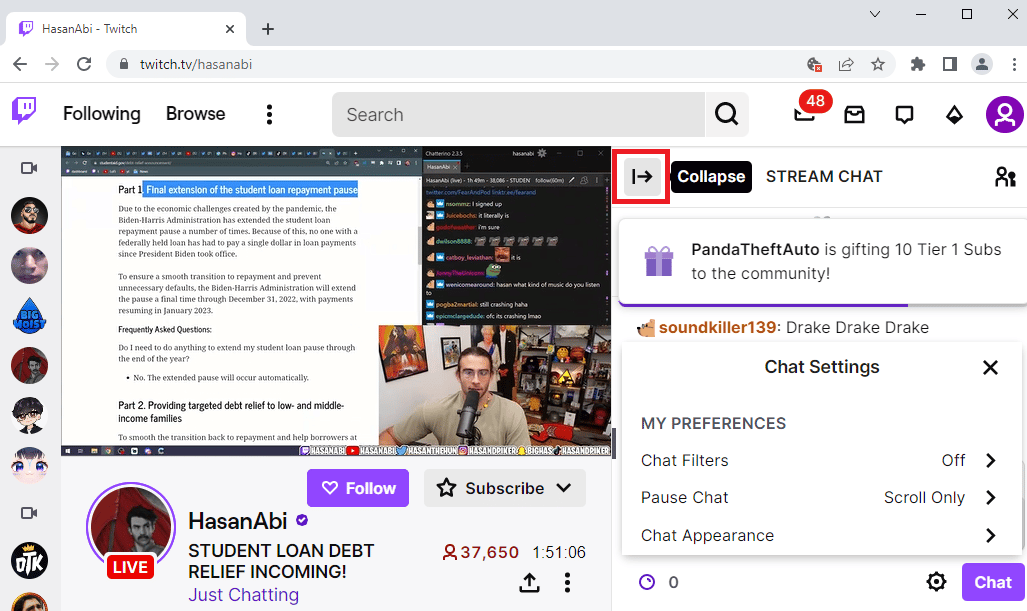 انقر فوق الزر "طي". إصلاح Twitch غير قادر على الاتصال بالدردشة