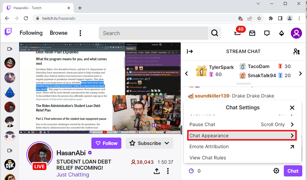 انقر فوق خيار مظهر الدردشة. إصلاح Twitch غير قادر على الاتصال بالدردشة
