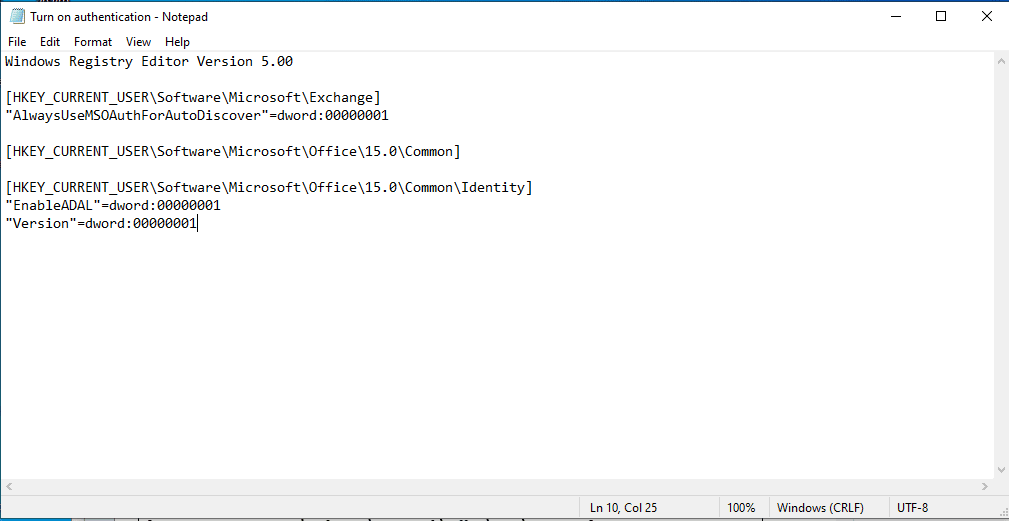 Not Defteri'nde aşağıdaki Windows Kayıt Defteri Düzenleyicisi Sürüm 5 5 00 HKEY CURRENT USER Software Microsoft Exchange AlwaysUseMSOAuthForAutoDiscover dword 00000001 HKEY CURRENT USER Software Microsoft Office 15 0 Common HKEY CURRENT USER Software Microsoft Office 15 0 Common Identity EnableADAL dword 00000001 Sürüm dword 00000001'i kopyalayıp yapıştırın