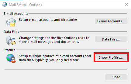 Mail Setup Outlook iletişim kutusunda profilleri göster'e tıklayın. Düzeltme Hata mesajı şu anda gönderilemiyor daha sonra tekrar deneyin