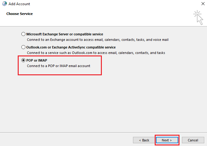 POP veya IMAP'yi seçin ve İleri'ye tıklayın. Windows 10'da Mesajınızı Şu Anda Gönderilemiyor Düzeltme