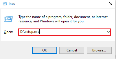 Tastați D setup.exe în caseta de dialog Run. Remediați codul de eroare de actualizare VMware Tools 21001 în Windows 10