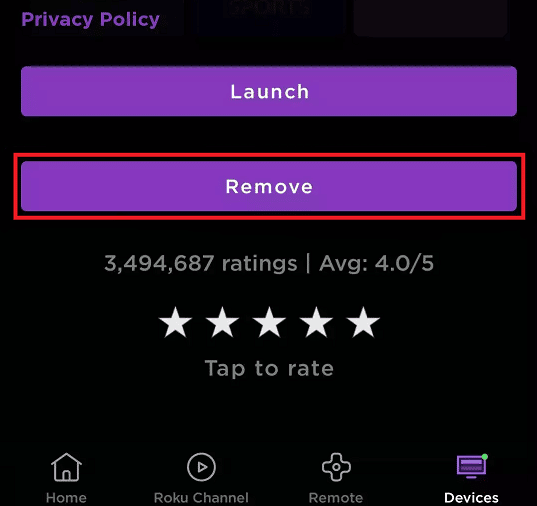 Seleziona l'app che desideri rimuovere toccando Rimuovi | Come cancellare hbo su roku