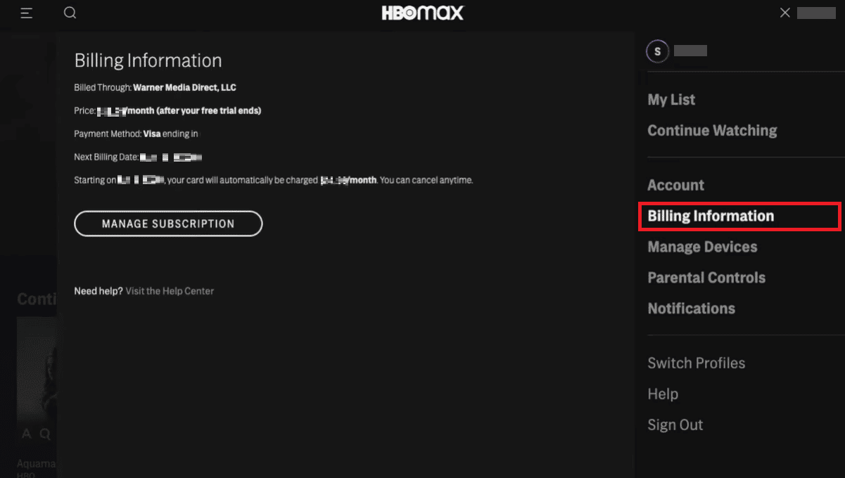 Fai clic sul nome del tuo profilo - Informazioni di fatturazione dal menu a discesa
