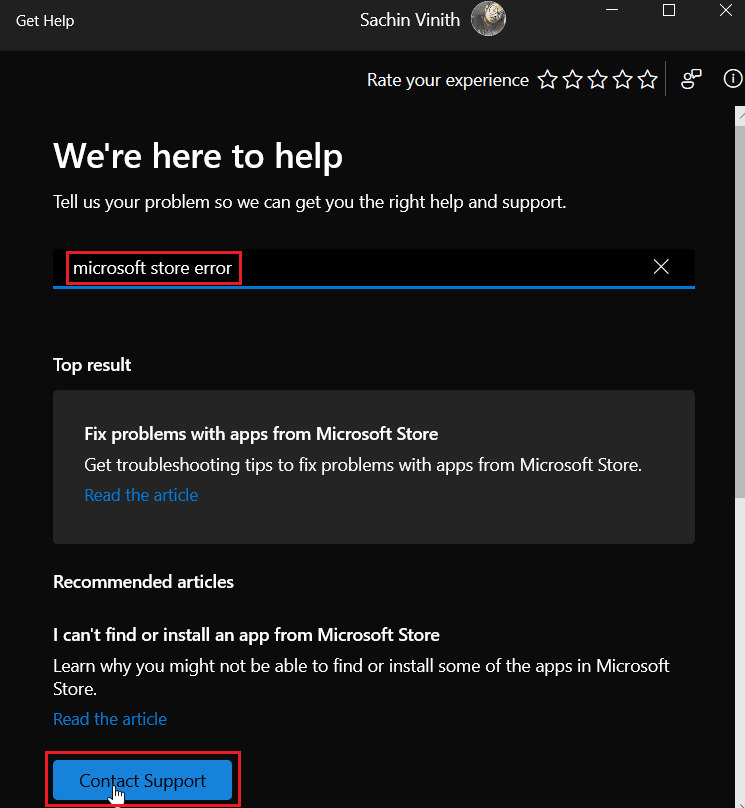 cerca l'errore di Microsoft Store e fai clic su contatta il supporto. Correggi il codice di errore di Microsoft Store 0xc03f300d