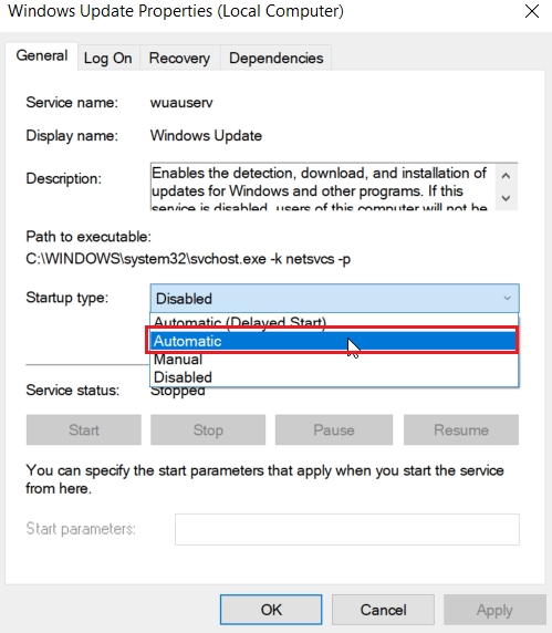 seleziona il tipo di avvio su automatico. Correggi il codice di errore di Microsoft Store 0xc03f300d