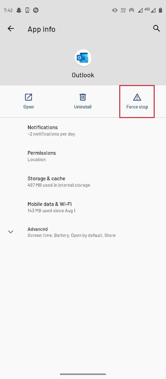 Selectați Forțare oprire. Remediați în prezent Imposibil de trimis mesajul dvs. pe Outlook Mobile