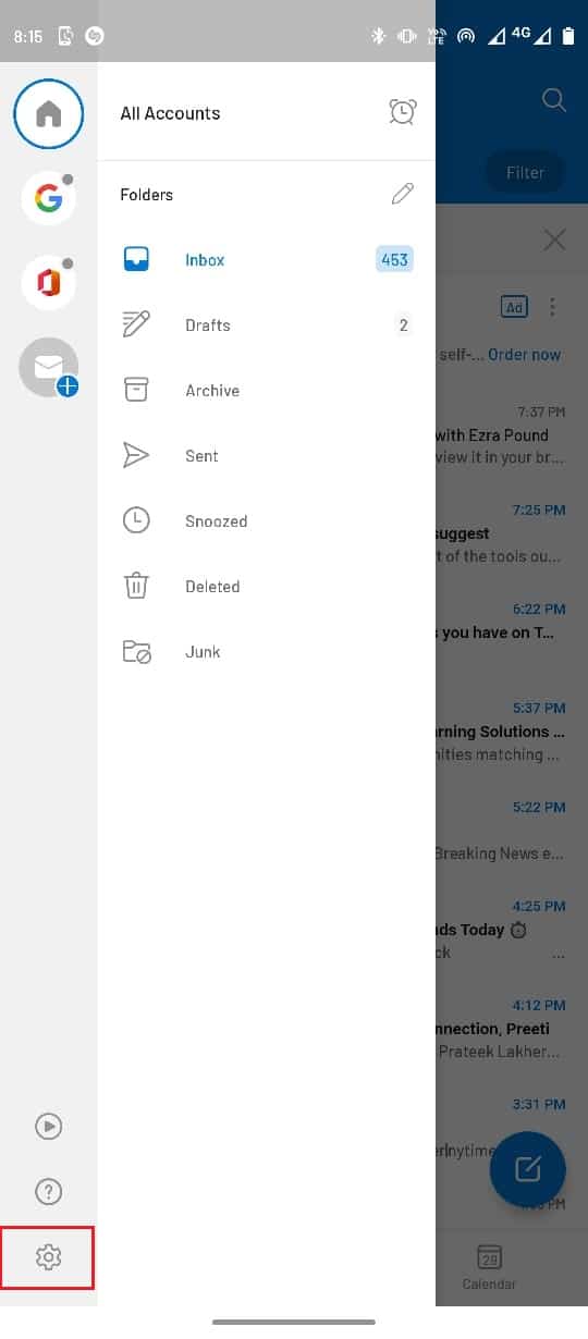 Selectați pictograma Setări. Remediați în prezent Imposibil de trimis mesajul dvs. pe Outlook Mobile