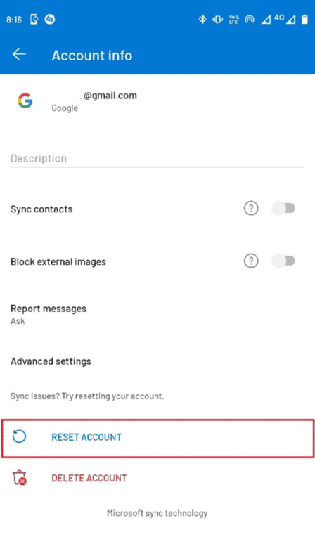 selectați RESETARE CONTUL. Remediați în prezent Imposibil de trimis mesajul dvs. pe Outlook Mobile
