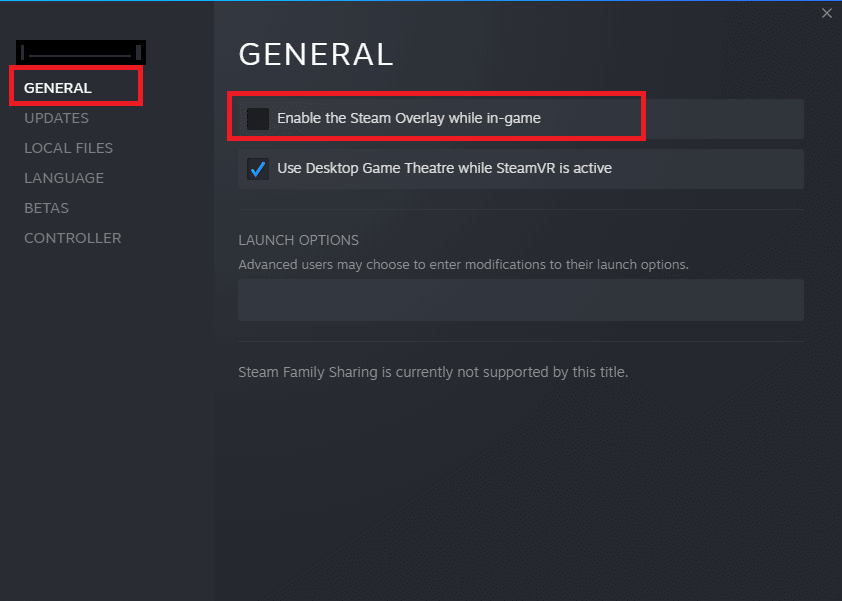 切換到常規選項卡並取消選中包含在遊戲中啟用 Steam 覆蓋的框。修復 Windows 10 中的 MultiVersus 黑屏問題
