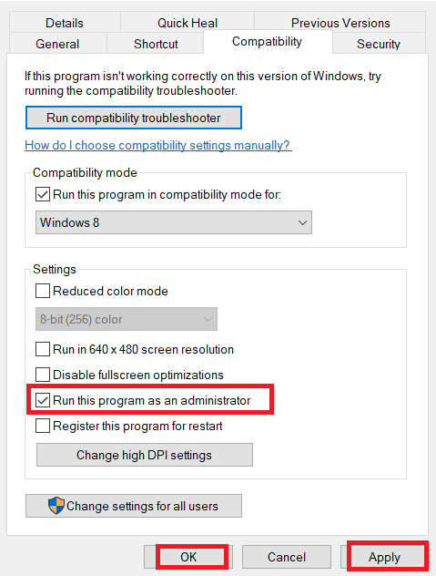 選中“設置”部分下的“以管理員身份運行此程序”選項。修復 Windows 10 中的 MultiVersus 黑屏問題