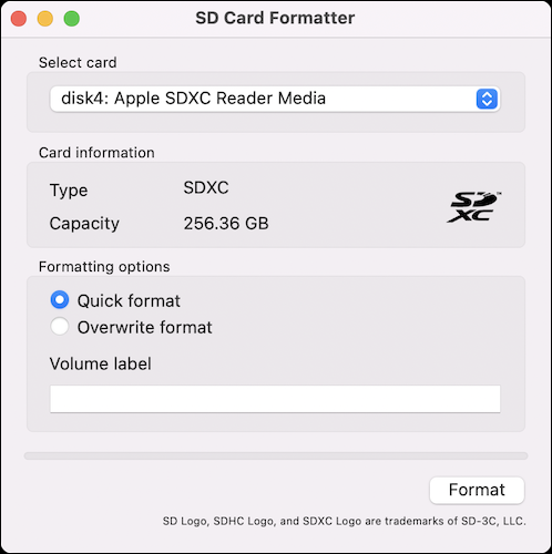 macOS için SD Card Association Bellek Kartı Formatlayıcı