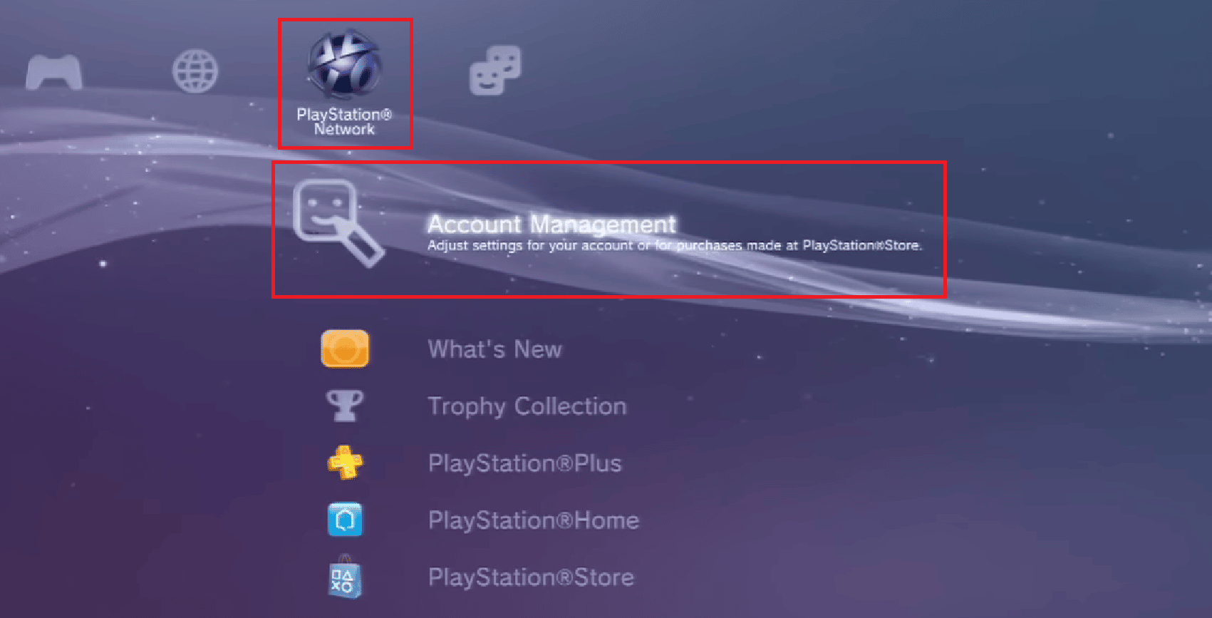 從您的 XrossMediaBar (XMB) 屏幕中，選擇 PlayStation Network - 選擇帳戶管理