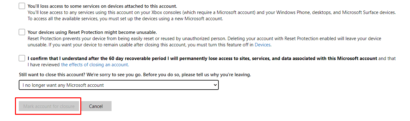Seleccione un motivo por el que desea cerrar su cuenta de Microsoft y luego haga clic en Marcar cuenta para cierre